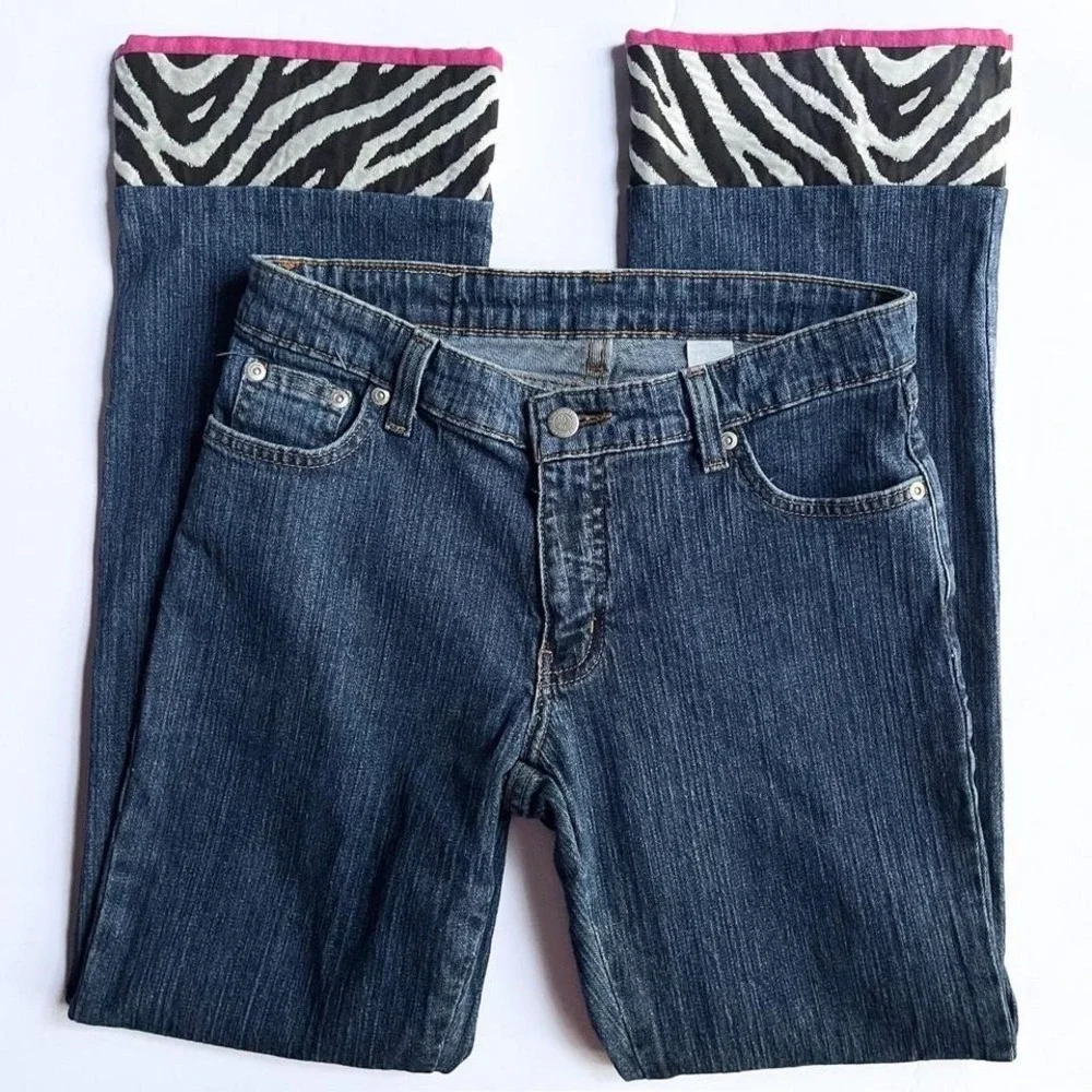 Y2K Low Rise Cuffed Flare Jeans Blue‎ Denim with Zebra Fabric & Pink Trim Sz 4